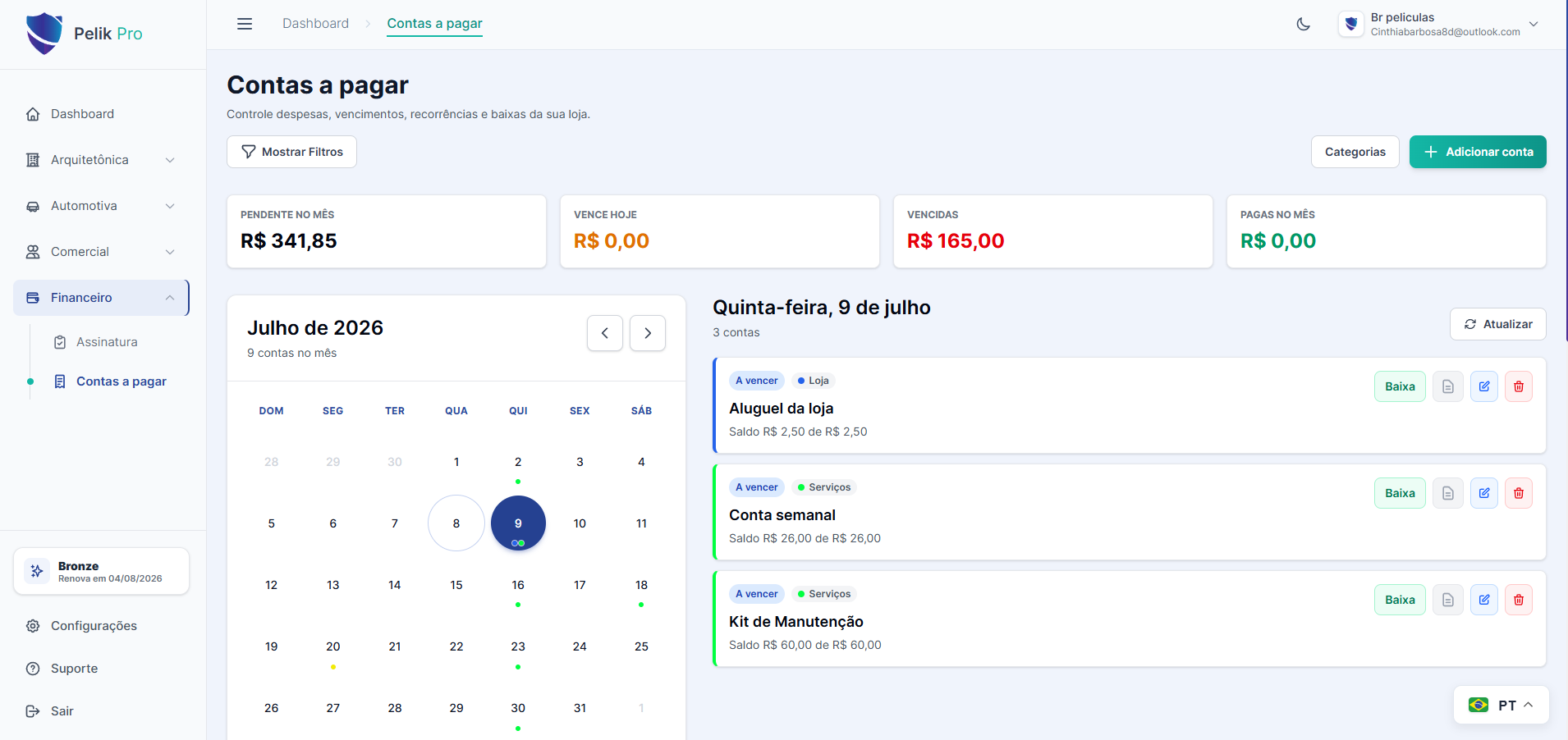 Financeiro: contas a pagar e vencimentos
